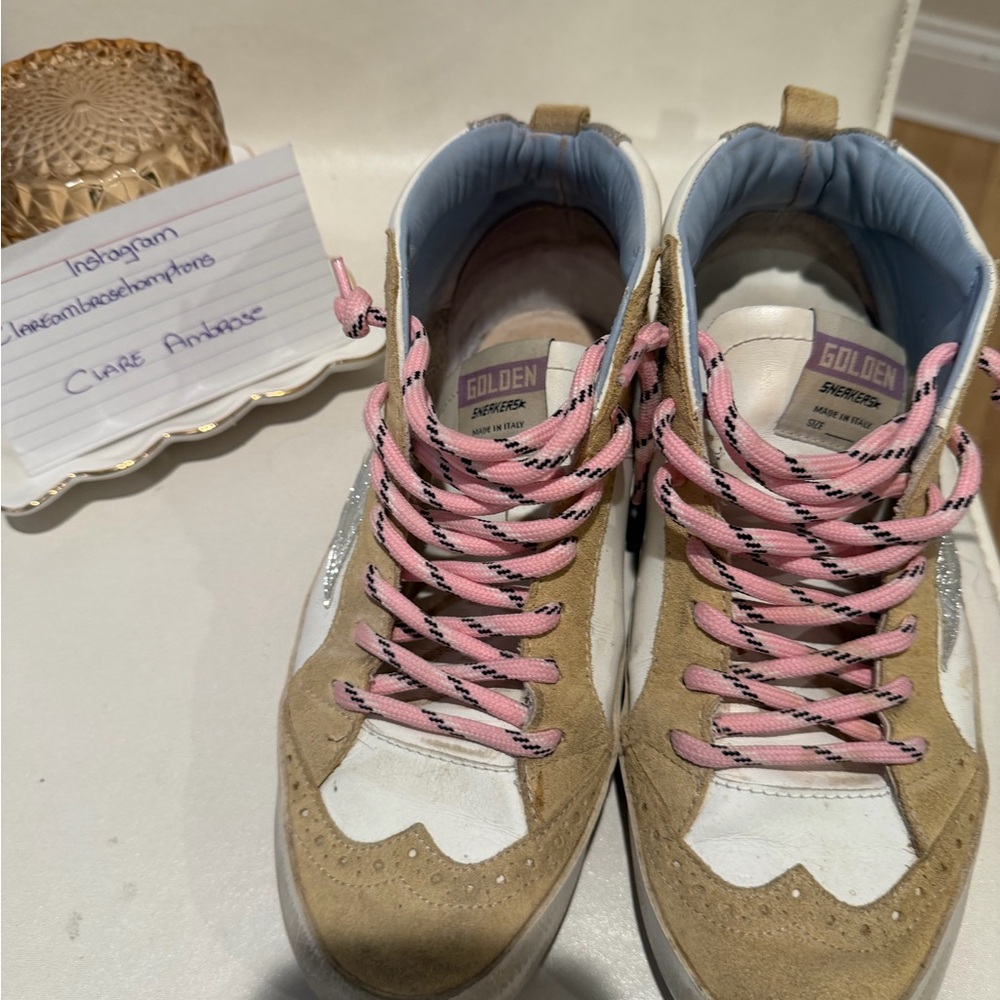 Golden Goose White and Tan Sneakers with Pink Laces